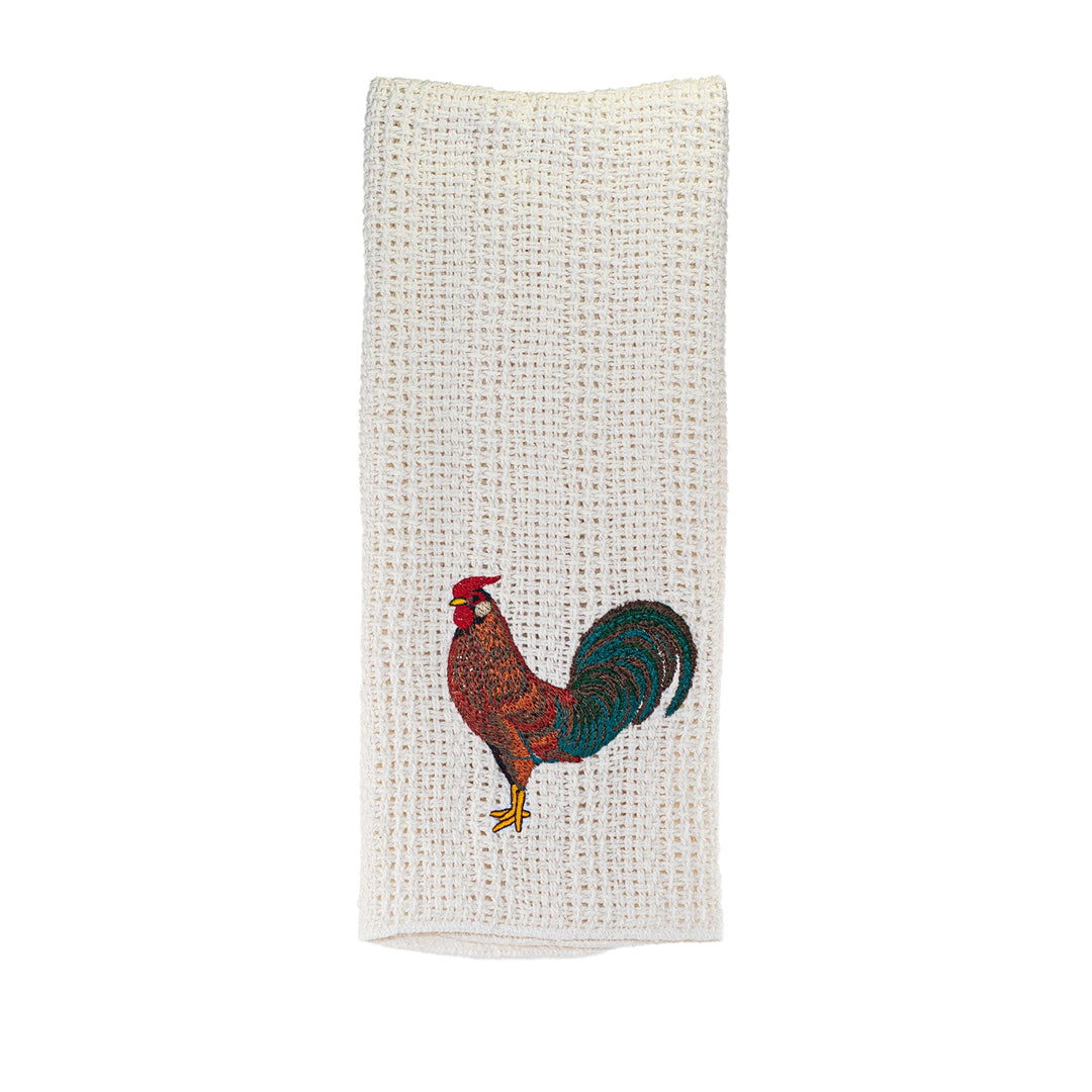 Off-white cotton kitchen towel with red rooster embroidery