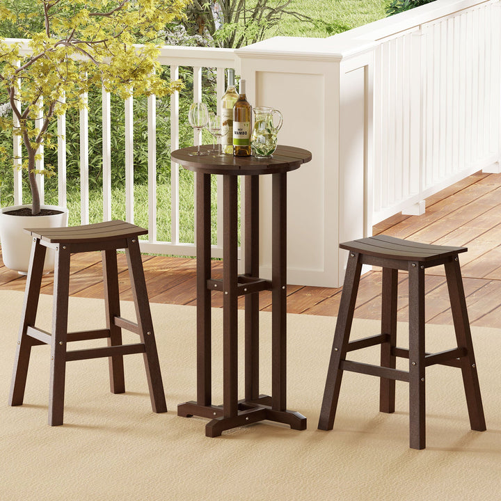 Set of dark brown bar table and two matching stools with slatted sides