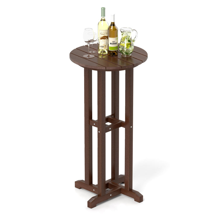 Dark brown tall outdoor bar table with round top and bottle display