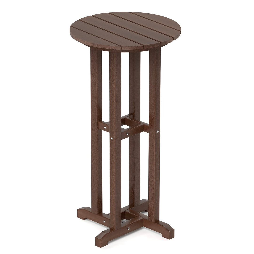 Dark brown round-top outdoor bar table with four slatted legs