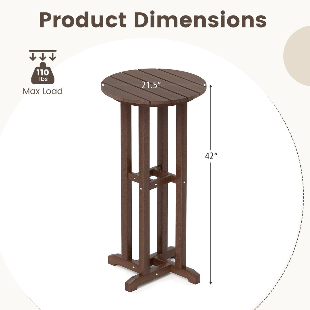 Dark brown outdoor bar table shown with side profile and round top