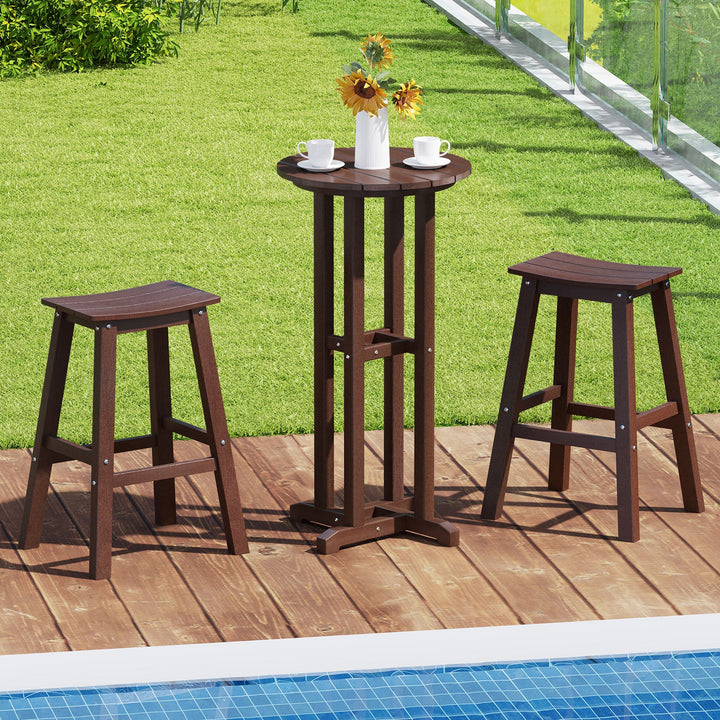 Outdoor dark brown bar table with matching stools on a wooden deck