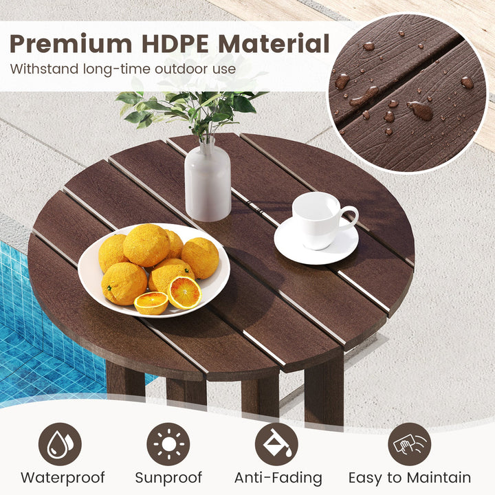 Dark brown round outdoor table with inset top and cup-and-plate setup