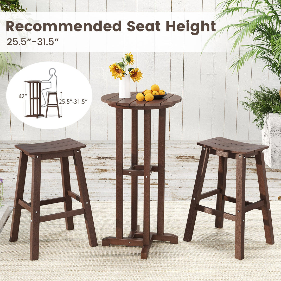 Dark brown bar table with two stools, round top, slatted panels