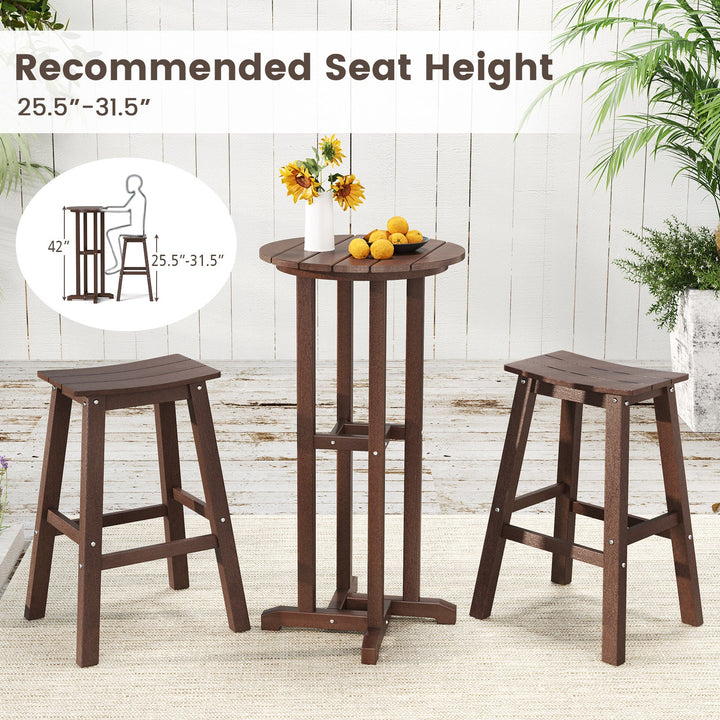 Dark brown bar table with two stools, round top, slatted panels