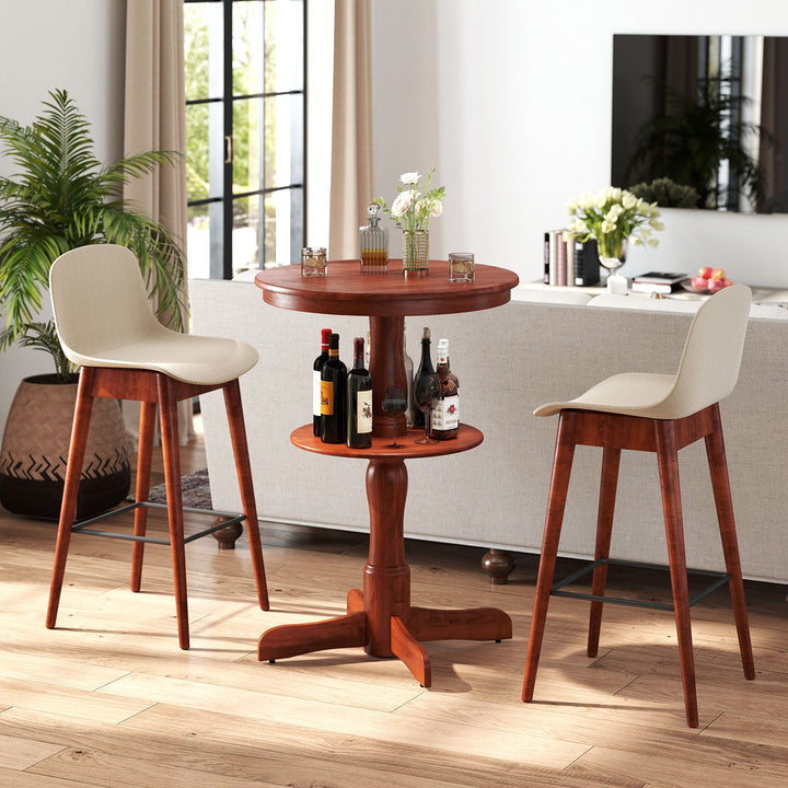 Espresso round 2-tier bar height table with pedestal base and lower storage shelf