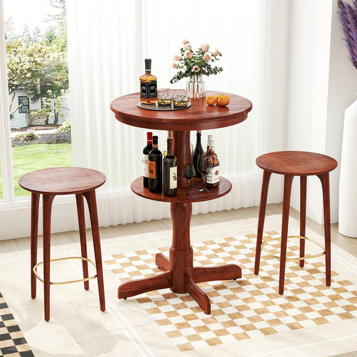 Round espresso 2-tier bar table with circular shelf and pedestal base for drinks