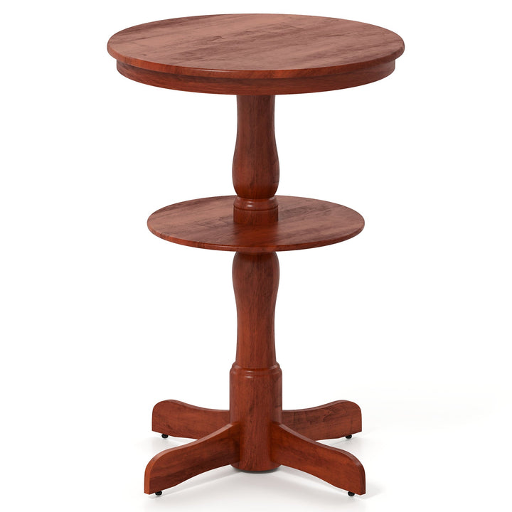 Round espresso 2-tier bar table with smooth tabletop and lower shelf, pedestal base