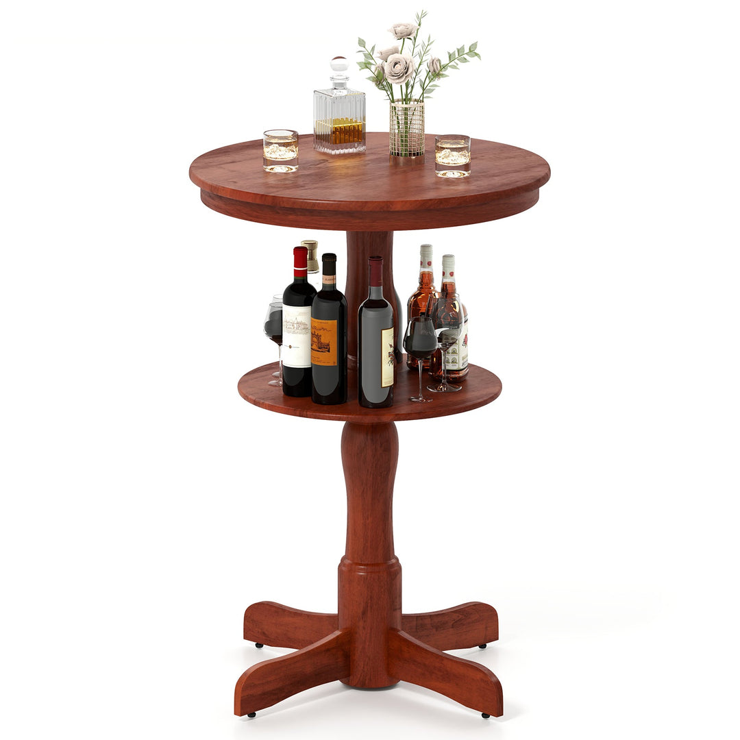Espresso round bar height table with two tiers and pedestal base holding bottles