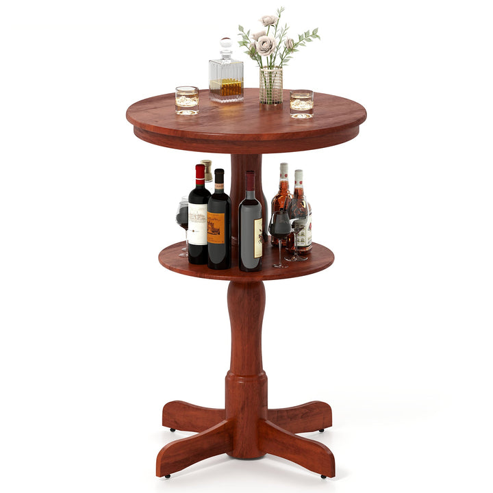 Espresso round bar height table with two tiers and pedestal base holding bottles