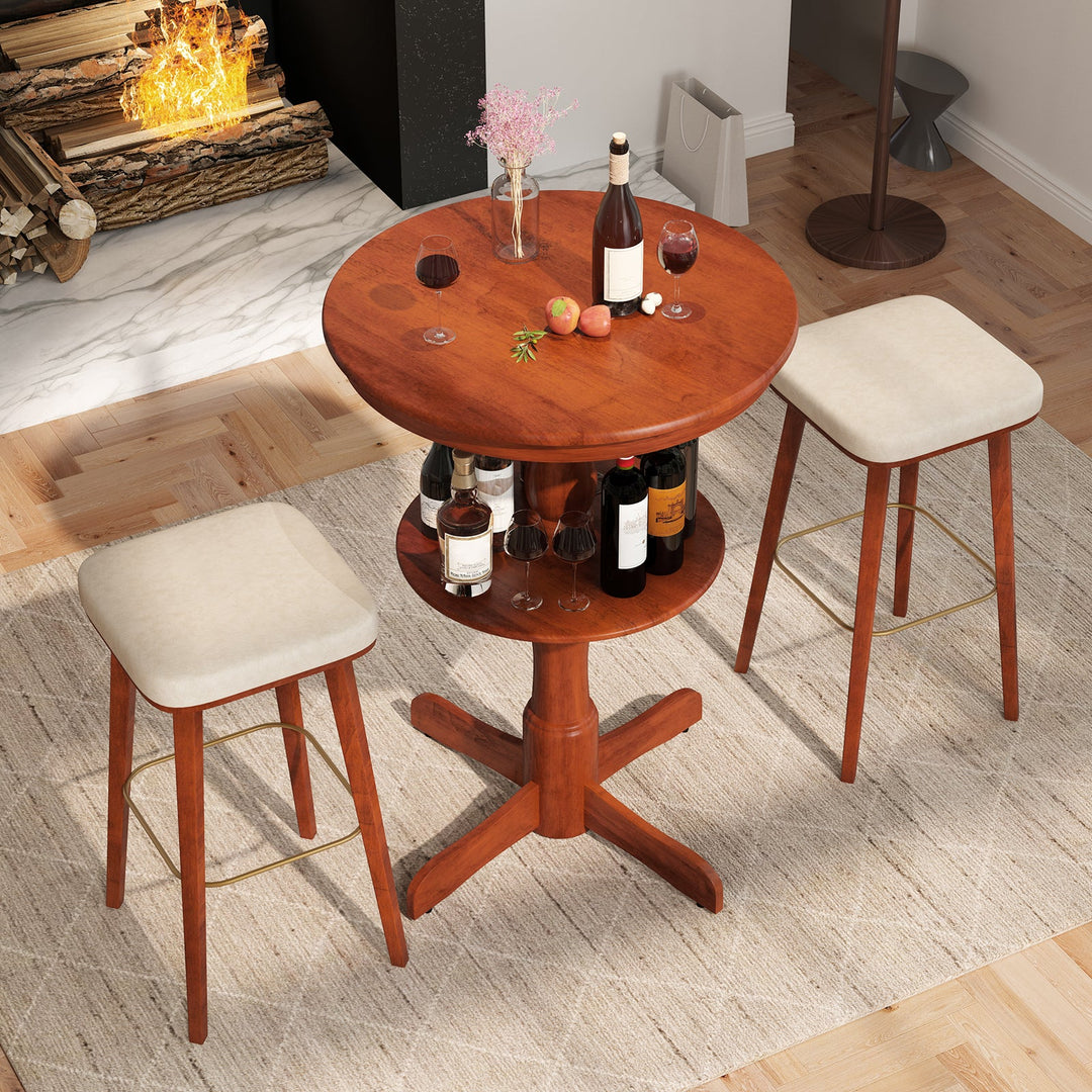 Espresso round bar table with two-tier storage, central pedestal base, wine bottles