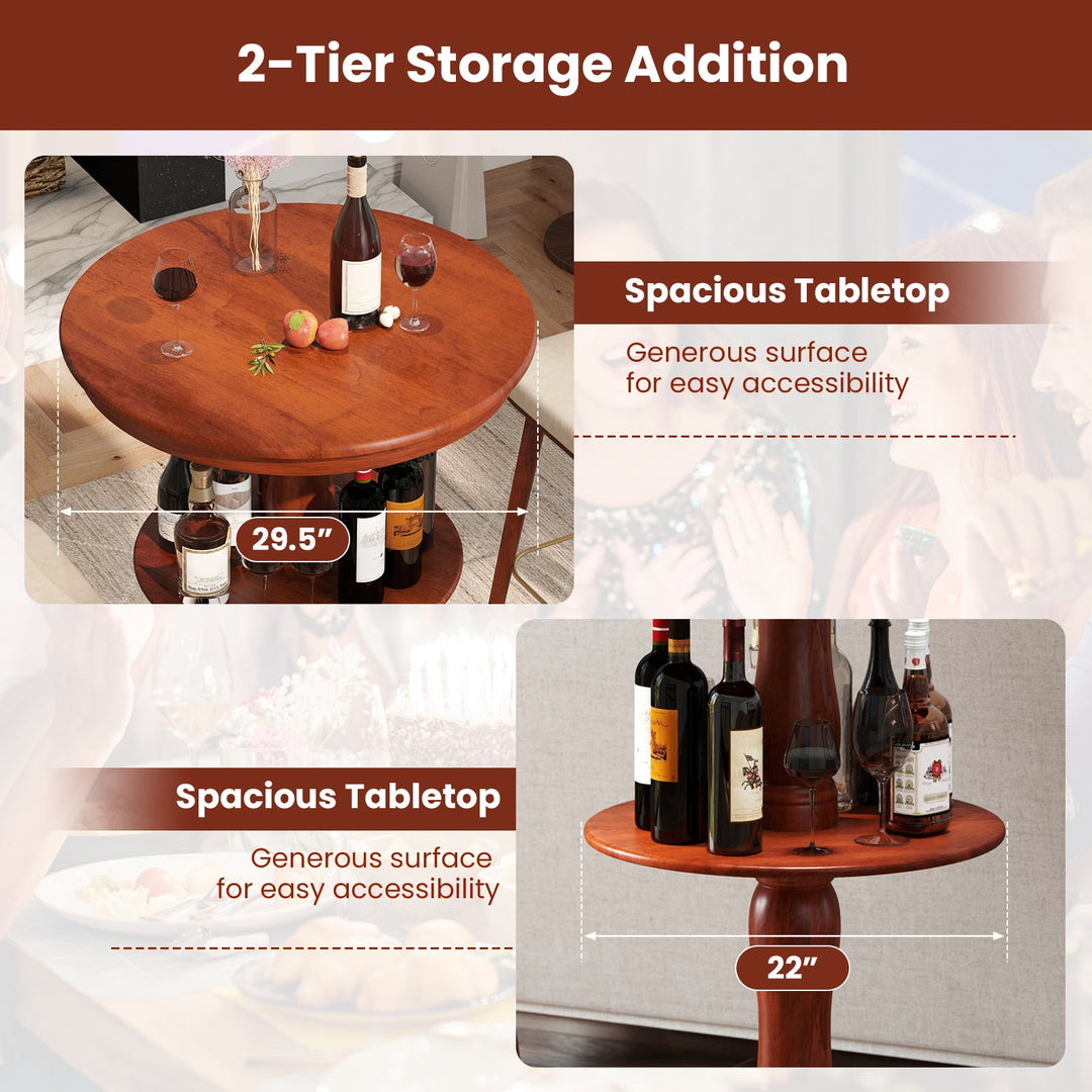 Espresso 2-tier round bar table infographic showing tabletop and lower shelf access