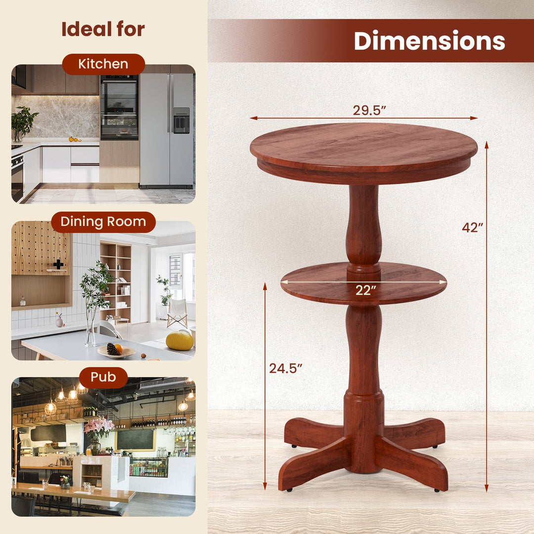 Espresso round 2-tier bar table with pedestal base; top and lower shelf layout