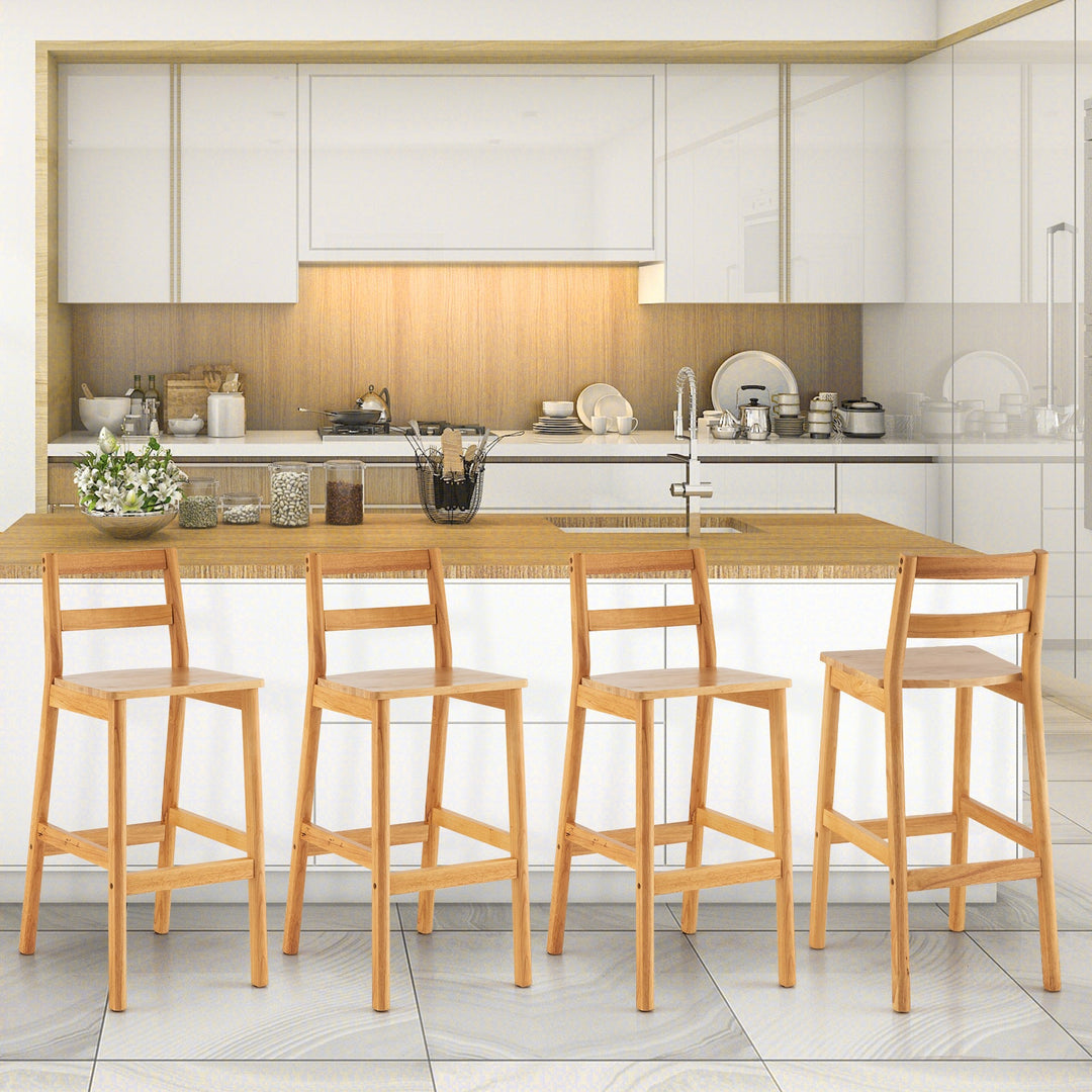 Set of 2 28 Inch Rubber Wood Armless Bar Stools with Backrest and Footrest-Natural