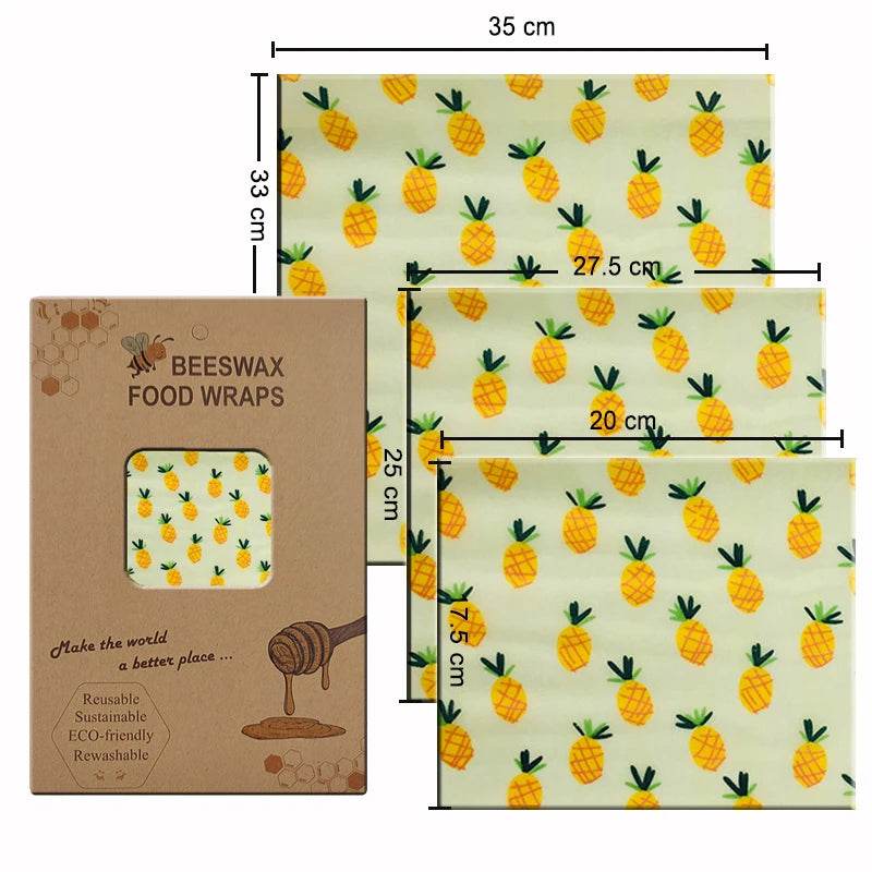 Beeswax food wrap set, square cloth with pineapple pattern, size indicated