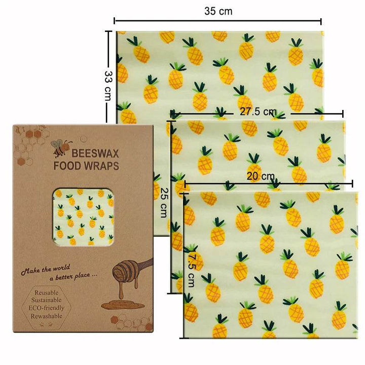 Beeswax food wrap set, square cloth with pineapple pattern, size indicated