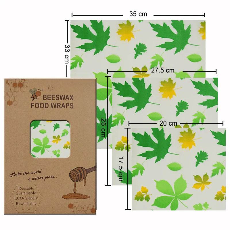 Beeswax food wrap set with green leaf pattern and yellow blooms, three size sheets
