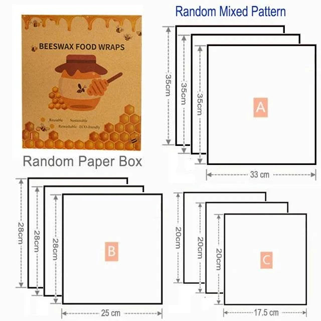 Beeswax food wrap set, random mixed pattern shown in a paper box with sizes