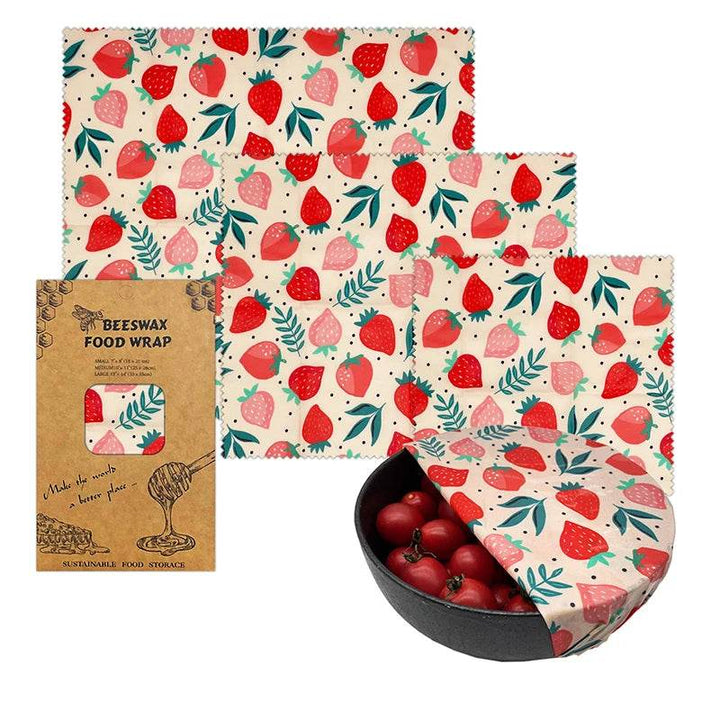 Beeswax food wrap set (3 sizes) with red strawberry and green leaf pattern