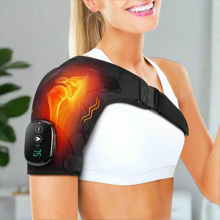 Black neck and shoulder heat massager with handheld controller on strap