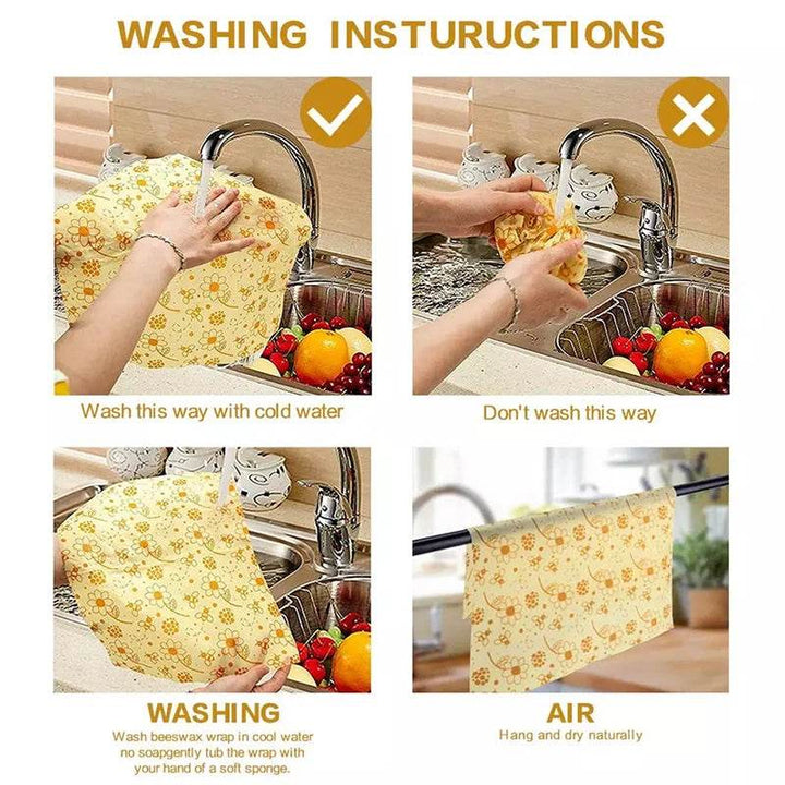 Beeswax food wrap in patterned cloth, shown near a kitchen sink for washing