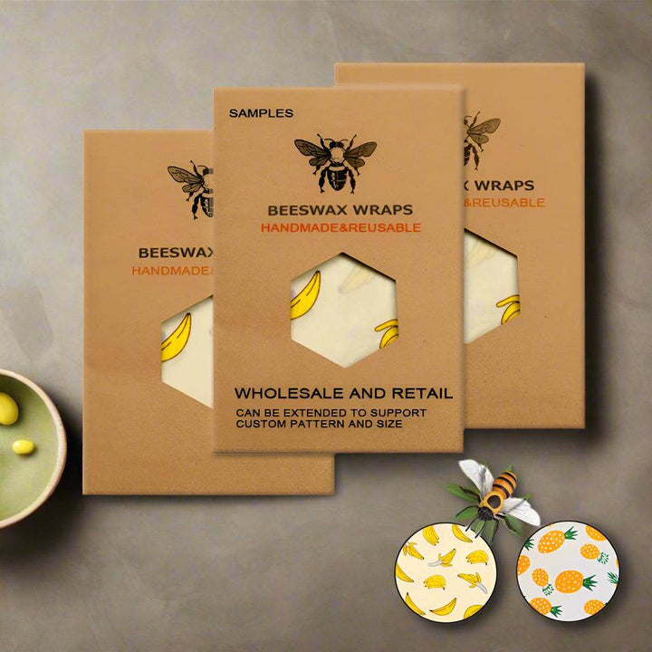 Beeswax food wrap set, square white fabric with bee and hexagon pattern