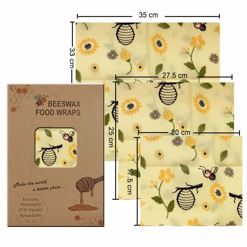 Set of 3 beeswax food wraps, light yellow sunflower and bee square covers