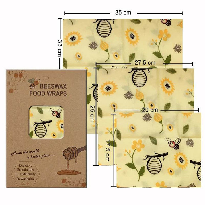 Set of 3 beeswax food wraps, light yellow sunflower and bee square covers