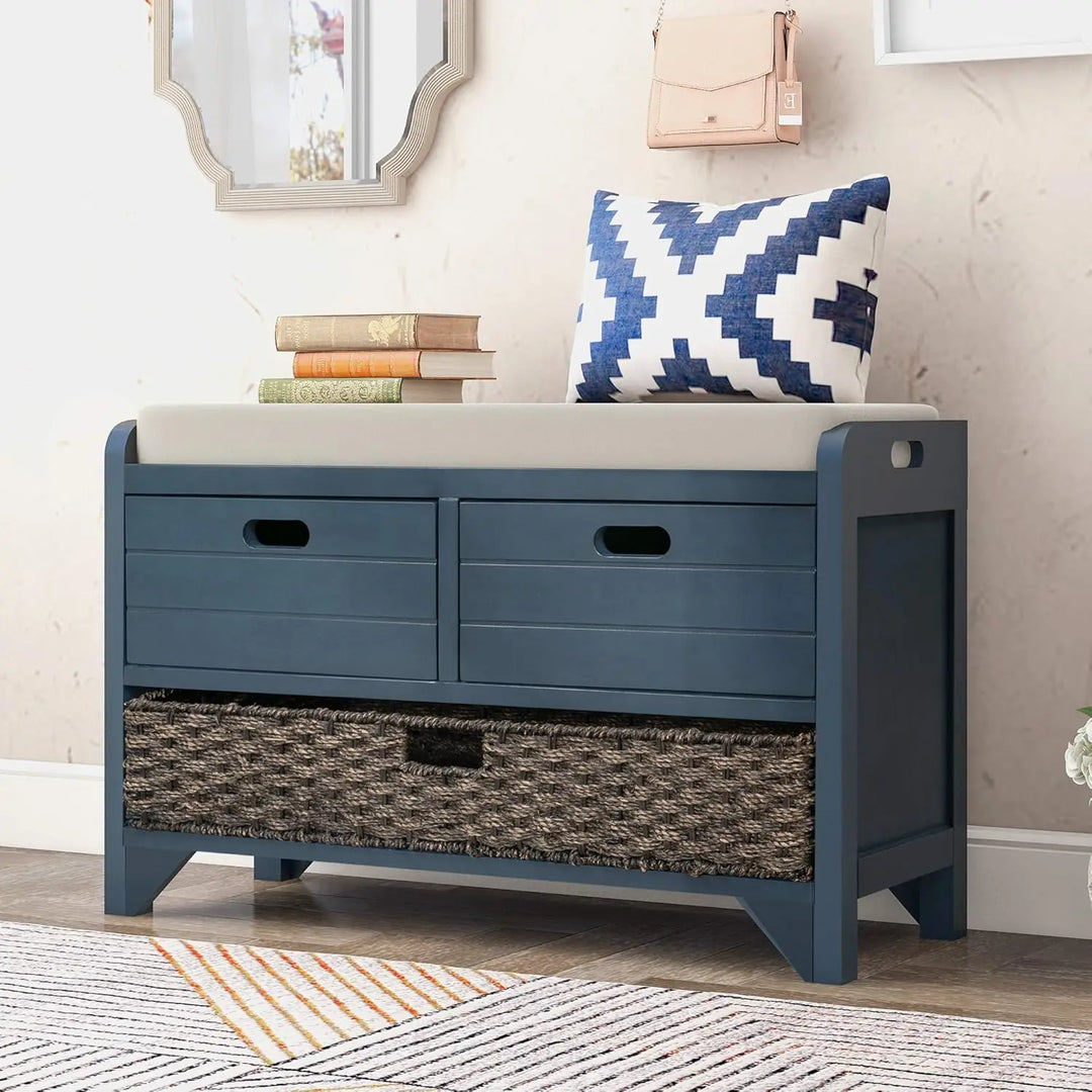 Upholstered Storage Bench for Entryway, Wood Storage Ottoman with Removable Basket and 2 Drawers, Farmhouse Shoe, Customized