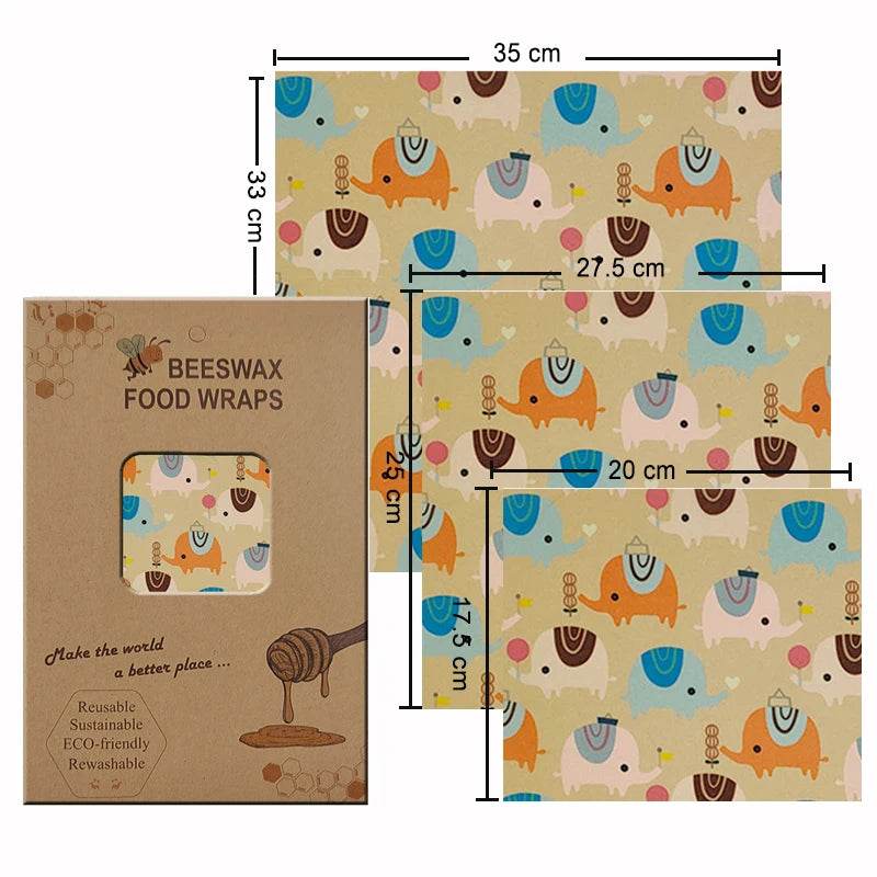 Set of 3 beeswax food wraps, pastel animal illustration square covers