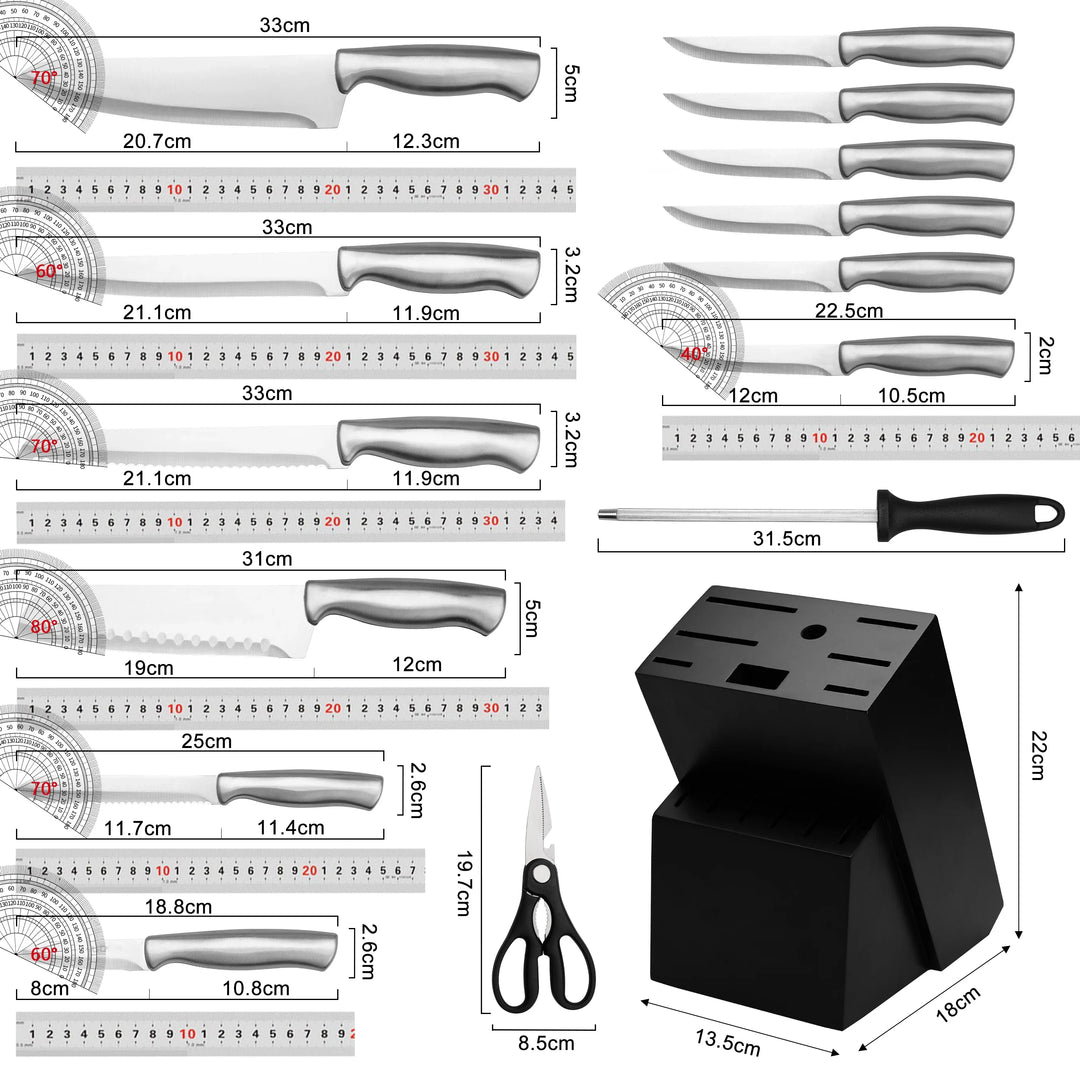 Stainless Steel Kitchen Knife Set With Block Sharpener Scissors
