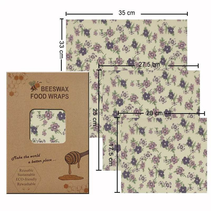 Beeswax food wrap set with purple floral pattern, three size sheets