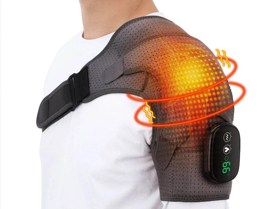 Gray perforated shoulder heat massager with glowing orange heat panel