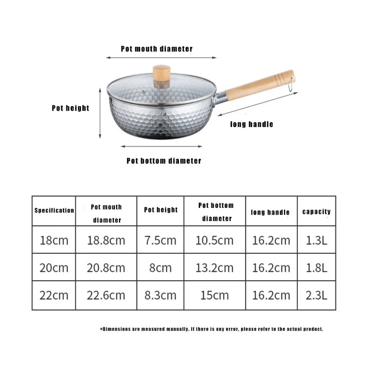 430 Stainless Steel Soup Pot Japanese Snow Pan Frying Wok Wooden Handle Stew Saucepan Milk Pot Kitchen Utensils Kitchen Cookware