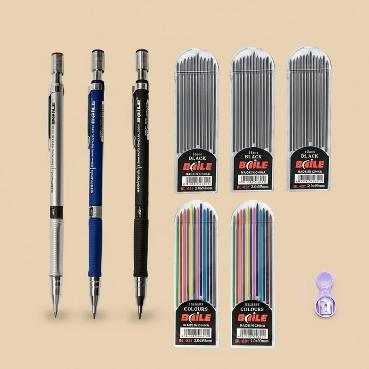 Mechanical Pencil Set With 2B Lead Refills For Writing And Sketching