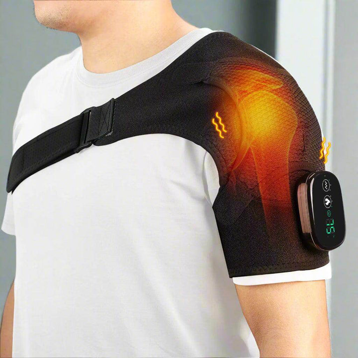 Black shoulder heat massager strap with glowing orange heat zones