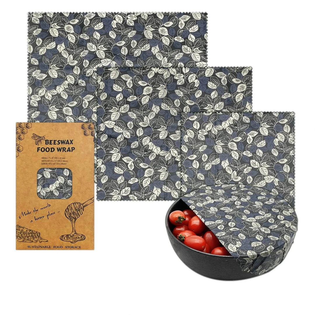 Beeswax food wrap set (3 sizes) with dark blue leaf vine pattern