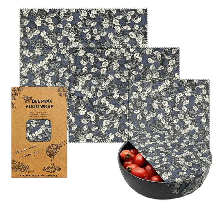 Beeswax food wrap set (3 sizes) with dark blue leaf vine pattern