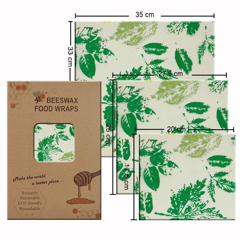 Beeswax food wrap set (3 sizes) with green leaf branch pattern