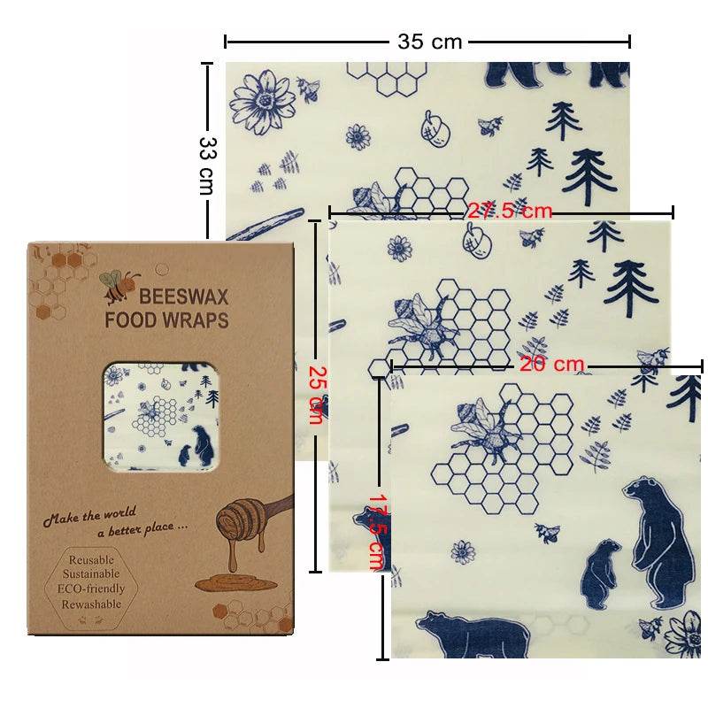 Beeswax food wrap set (3 sizes) with blue hexagon botanical animal print