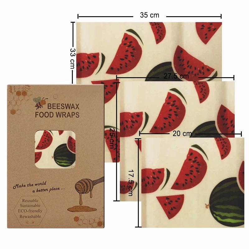 Beeswax food wrap set (3 sizes) with watermelon and green fruit slice pattern