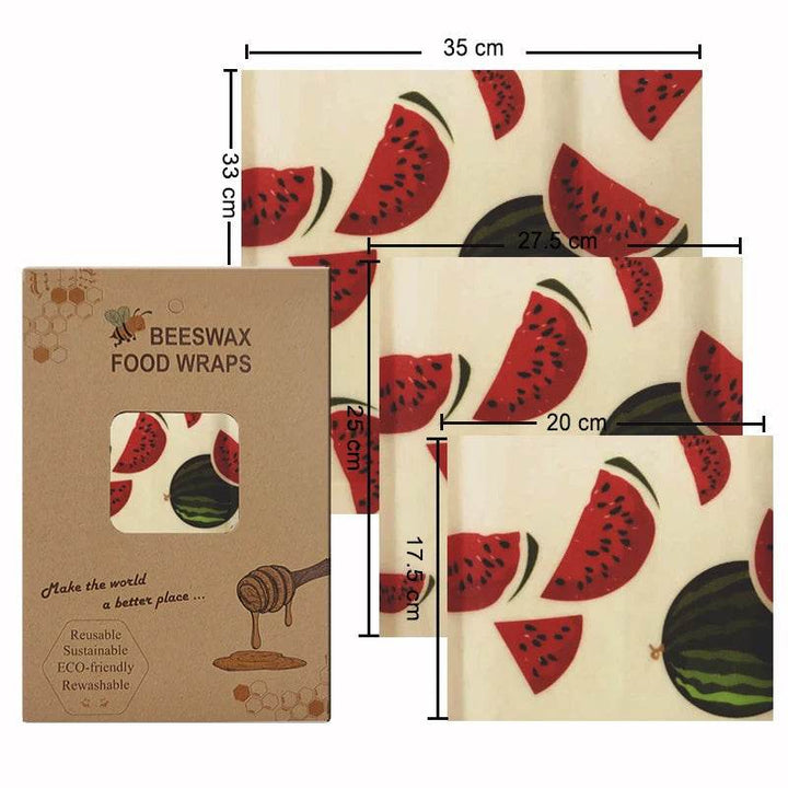 Beeswax food wrap set (3 sizes) with watermelon and green fruit slice pattern