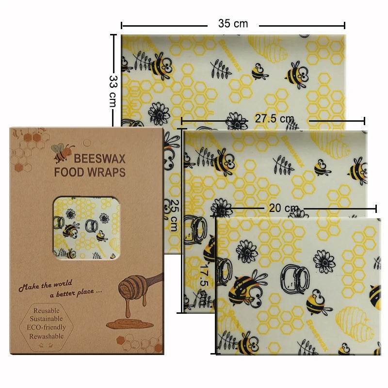 Beeswax food wrap set with yellow honeycomb and bee pattern, three size sheets