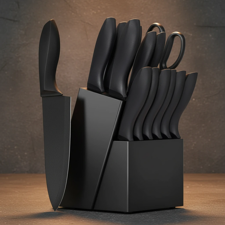 Stainless Steel Kitchen Knife Set With Block Sharpener Scissors