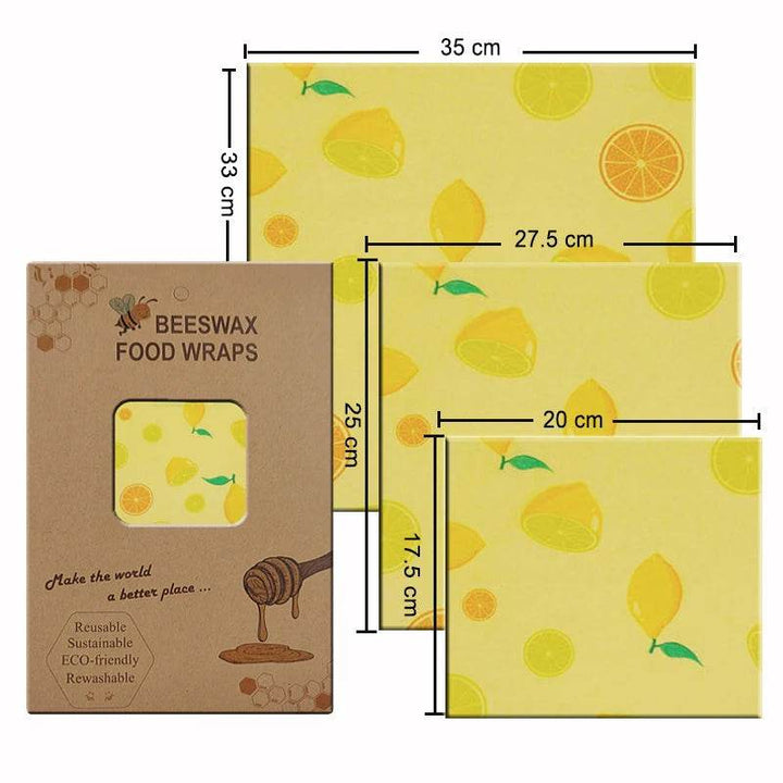 Beeswax food wrap set (3 sizes) with yellow citrus fruit pattern