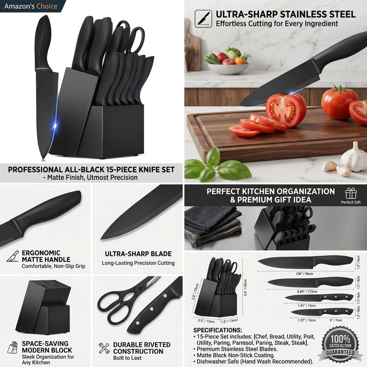 Stainless Steel Kitchen Knife Set With Block Sharpener Scissors