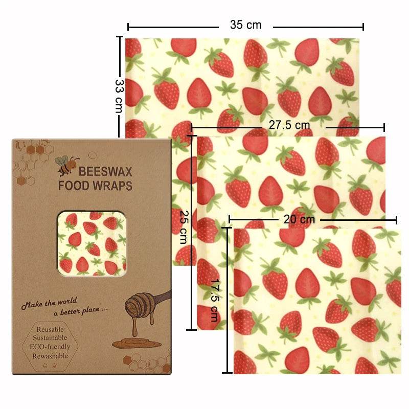 Set of 3 beeswax food wraps, cream with red strawberry square covers