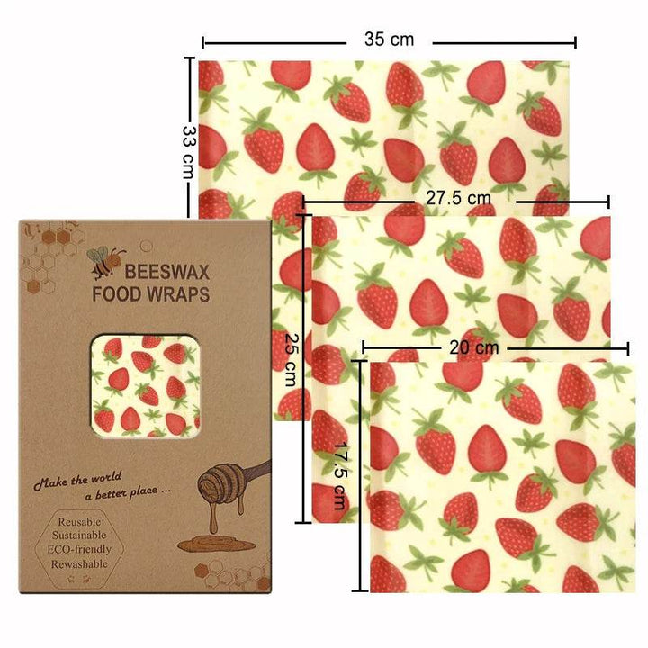 Set of 3 beeswax food wraps, cream with red strawberry square covers