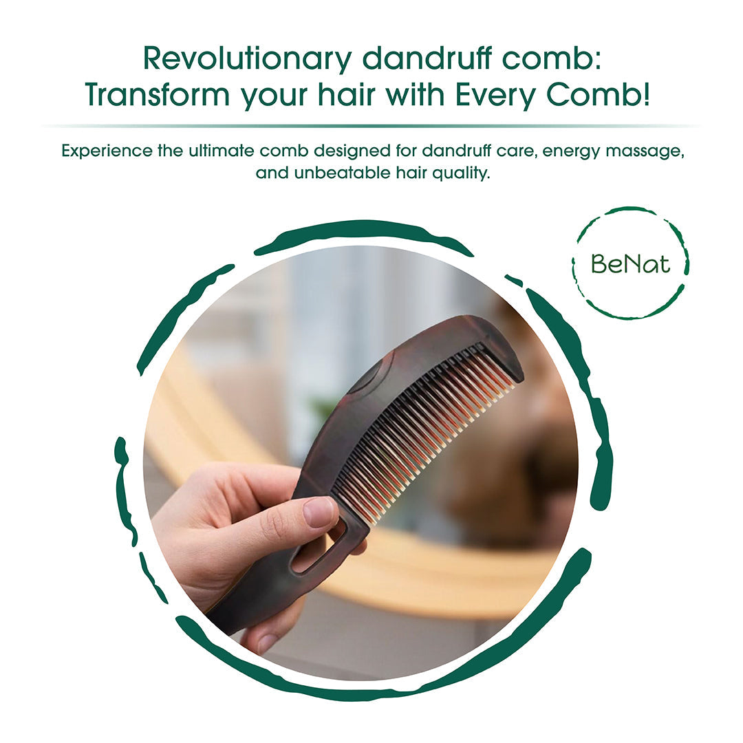 Healthy scalp comb held in hand, showing dark brown handle and metal teeth
