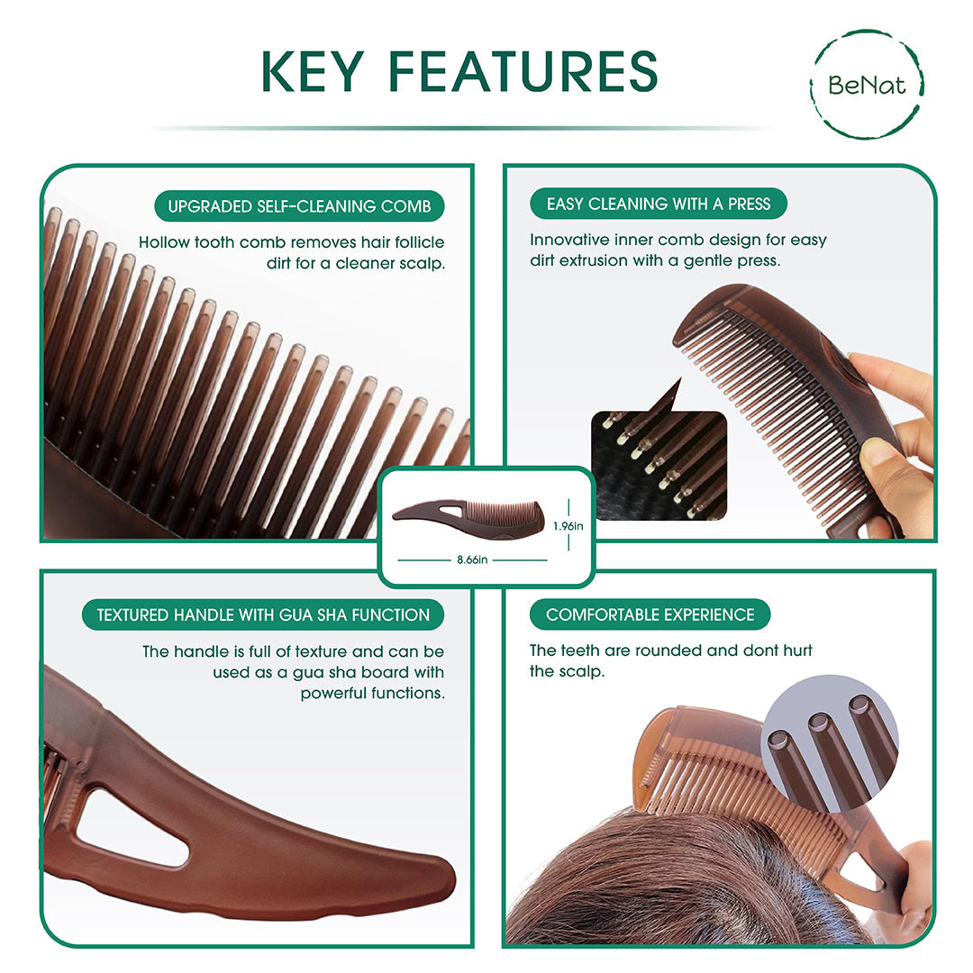 Healthy scalp comb close-up of dense teeth and textured handle